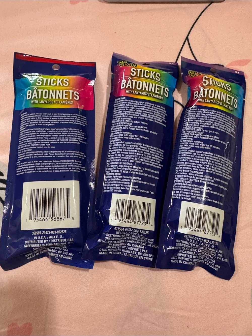 Assorted Glow Sticks Three packs of 5-Pack - Blue, Green, Pink, Purple, Orange